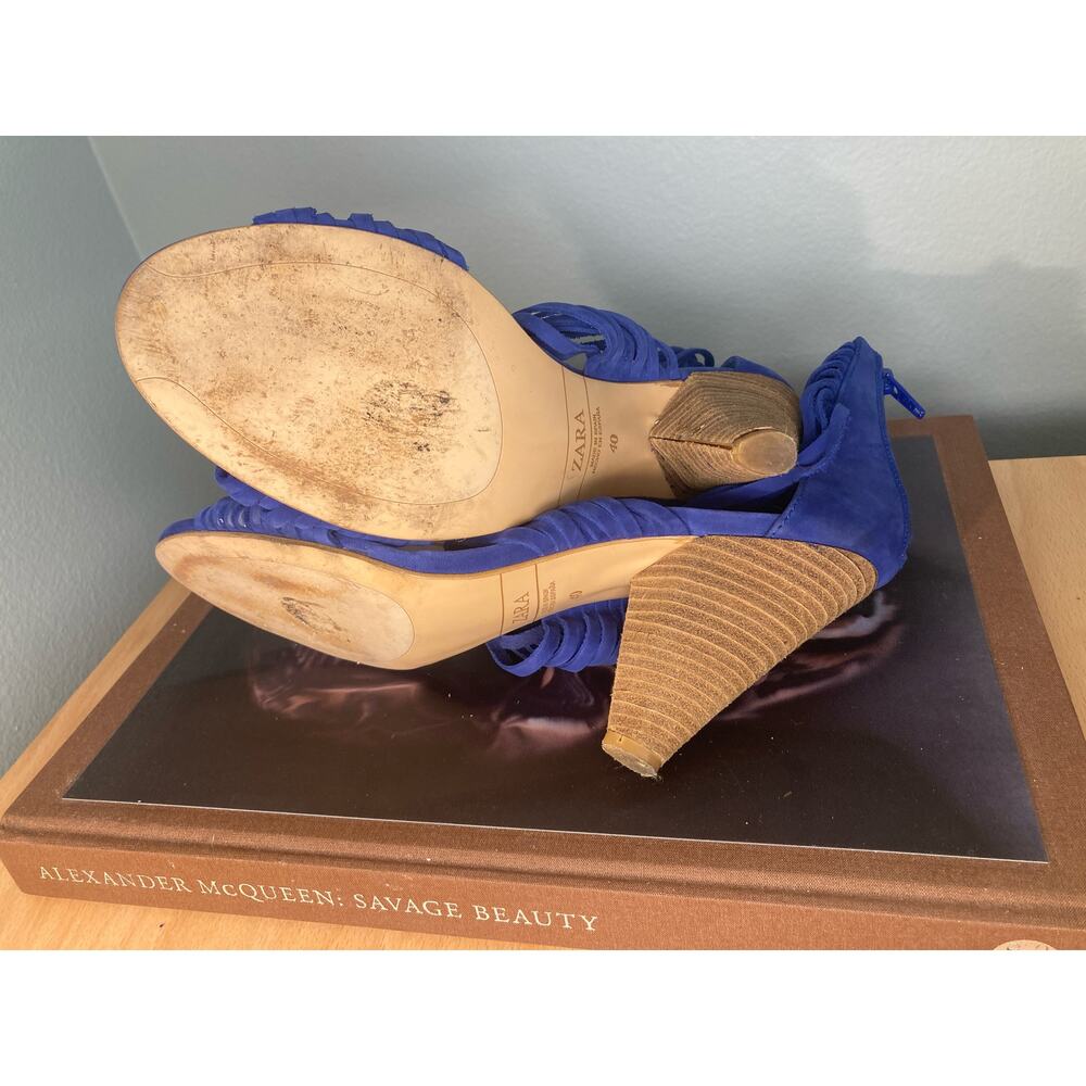 Zara Electric Blue Suede Strappy Sandals Wood Heel ~ Sz 40 10 ~ So Fetch! - Picture 6 of 7